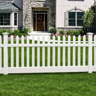 White vinyl picket fence panel with 7/8 inch by 3 inch flat top pickets and aluminum reinforced bottom rail installed between pre-routed 4x4 posts White vinyl picket fence panel with 7/8 inch by 3 inch flat top pickets and aluminum reinforced bottom rail installed between pre-routed 4x4 posts